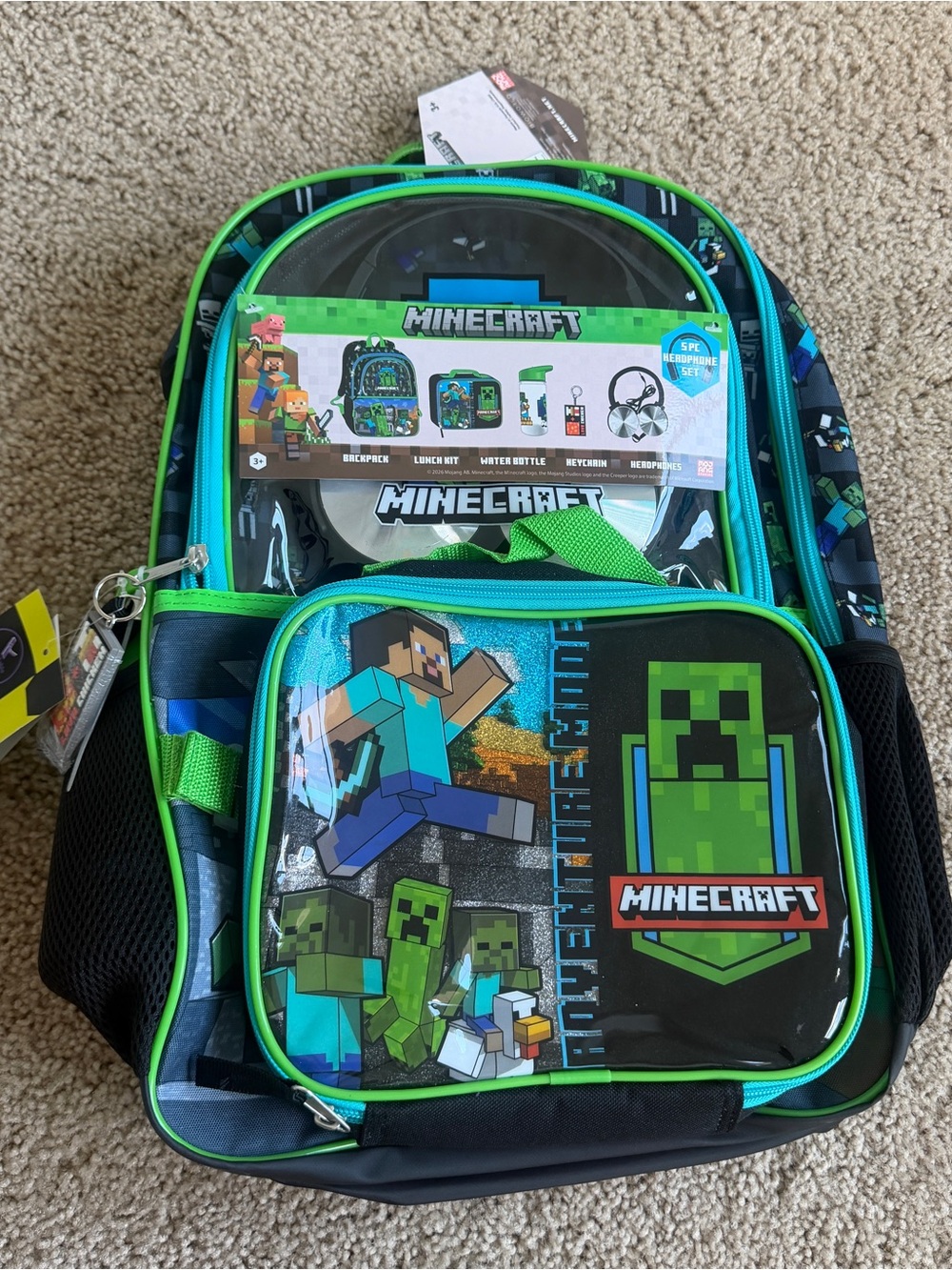 Minecraft Kids Backpack with Lunch Bag in Green and Blue